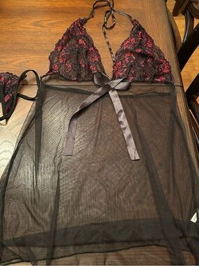 Sheer Black Lace Halter Chemise with Red Embroidery Size L